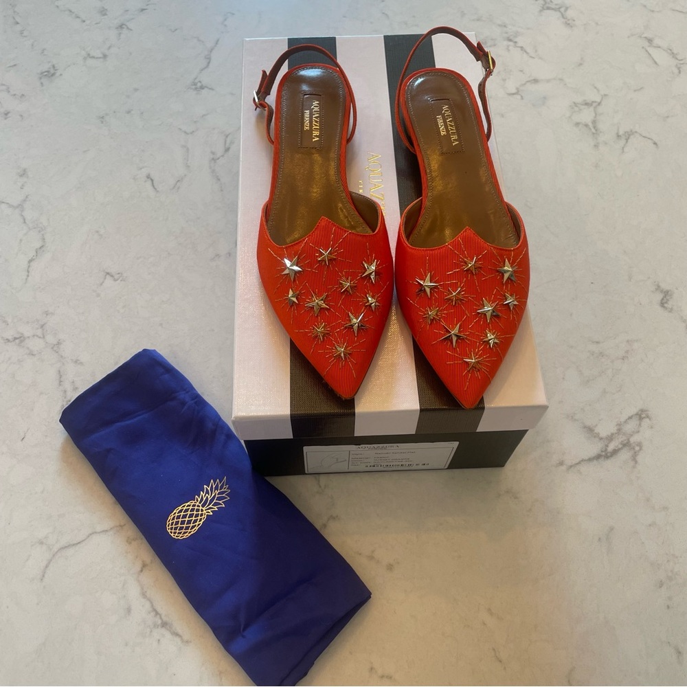 NWT 🧡 Aquazzura Nairobi Pointed Toe Flat Size 36.5 in Orange w/ Gold Stars